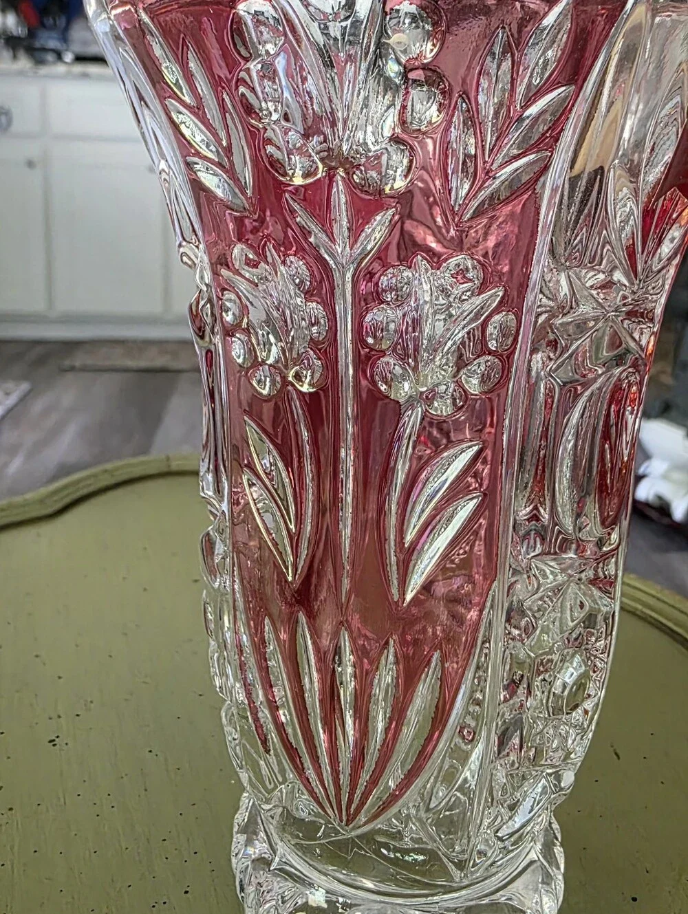 Anna Hutte Pink and Clear Cut Glass Vase